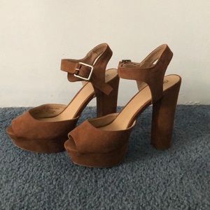 Brown, ankle strap suede heels